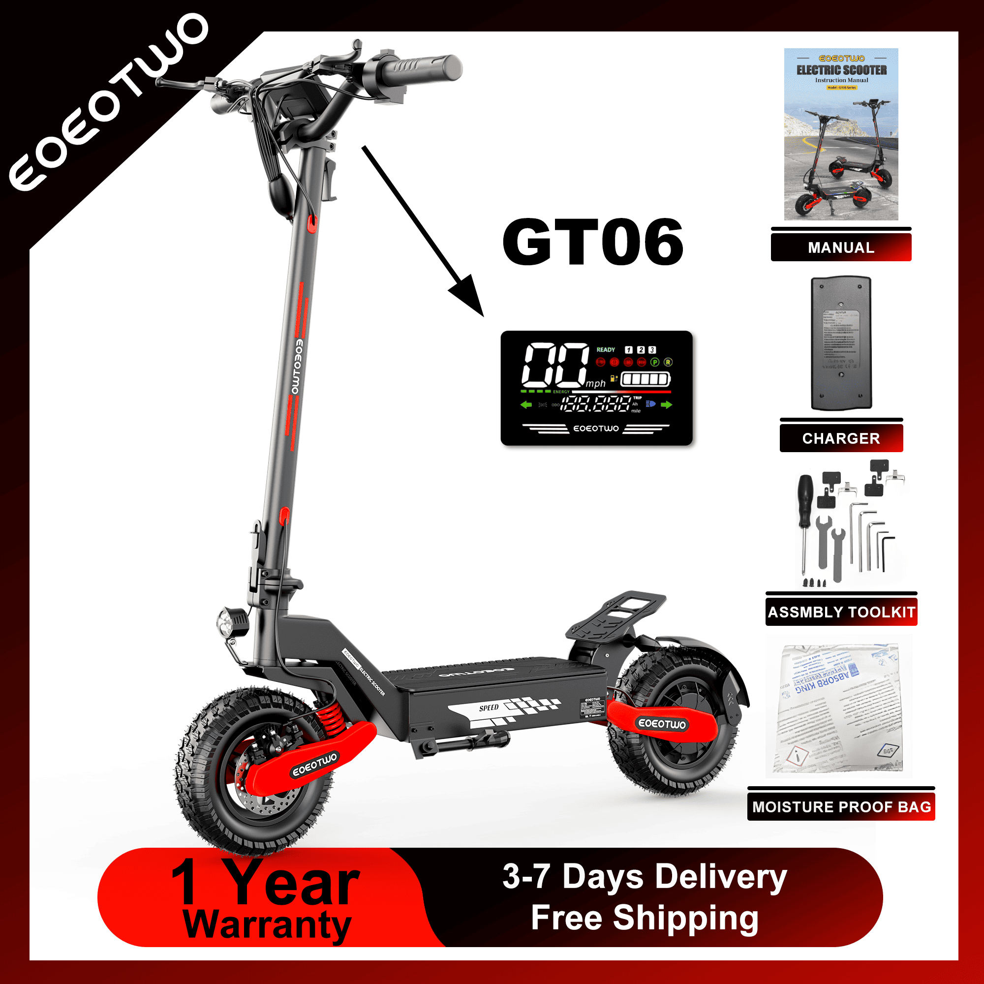 Dual Motor Ebike Kit 2000W - EOEOTWO GT06 大人用電動スクーター、1200Wモーター、最高速度30マイル/時、航続距離20/40マイル、11インチオフロードチューブレスタイヤ、デュアルサスペンション、デュアルディスクブレーキ、折りたたみ式通勤用電動スクーター
